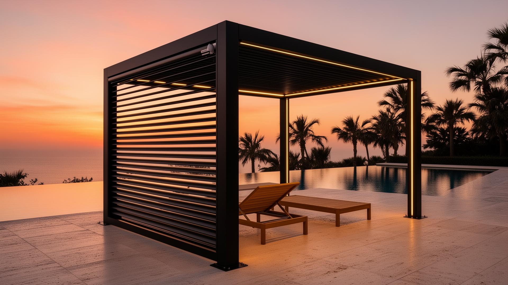 Matte-black rotating louvered pergola at golden-hour sunset by an infinity pool